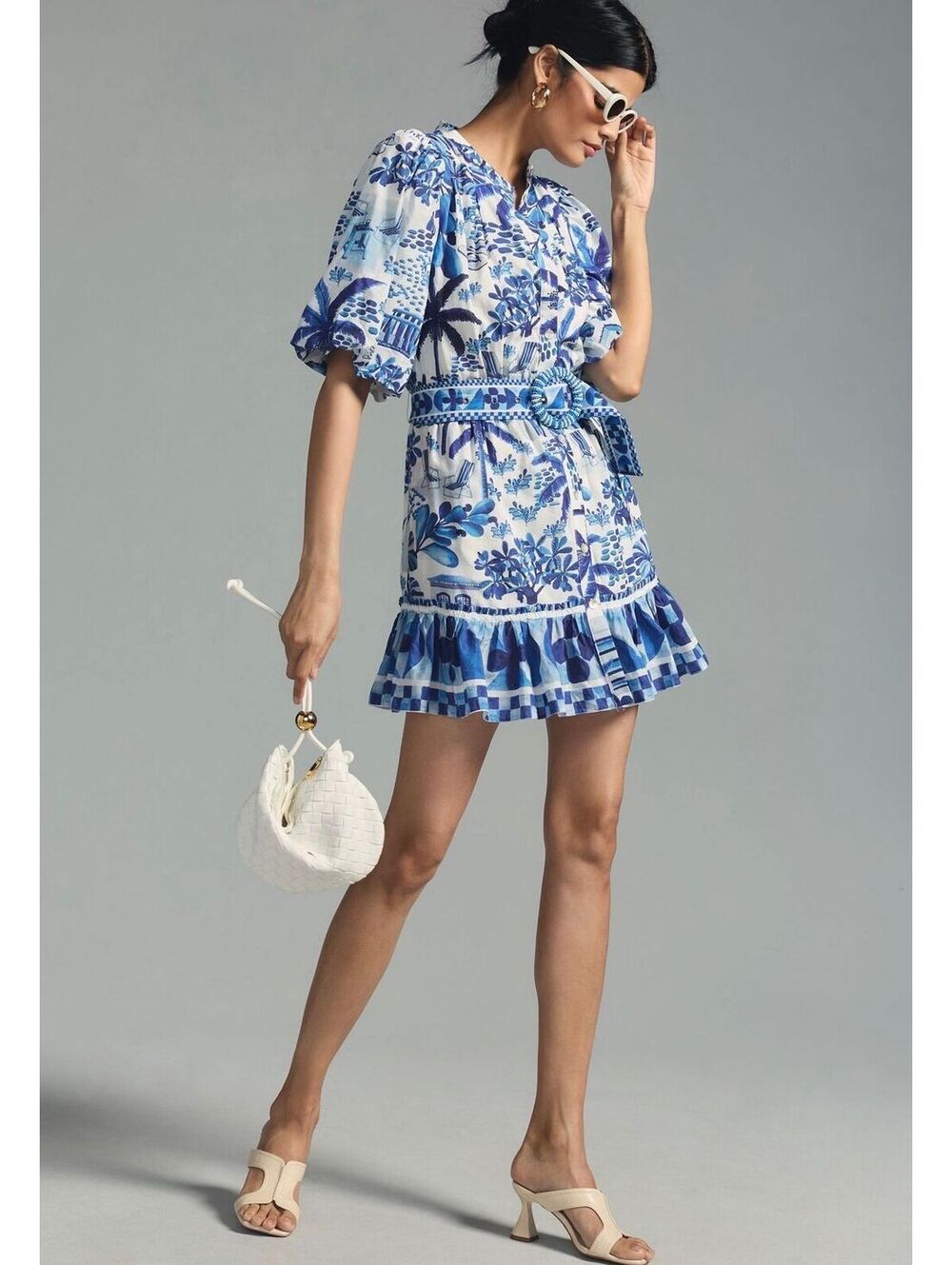 FARM Rio Sweet Rio Mini Dress Blue White Tropical Belted Size M
